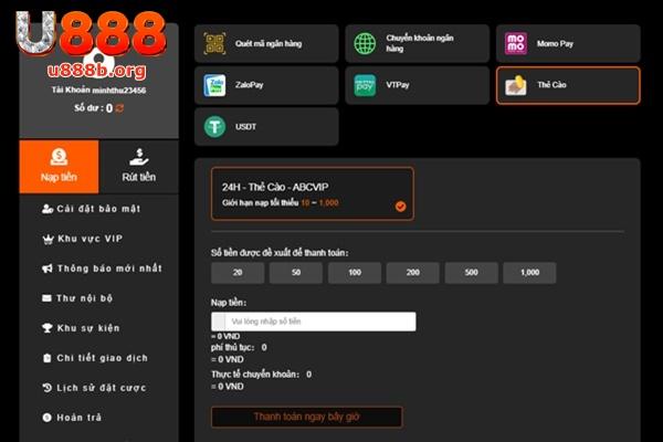 Bạn có thể tạo lệnh nạp tiền U888 bằng thẻ cào điện thoại