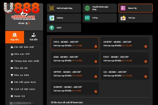 Momo Pay là phương thức nạp tiền U888 tiện lợi