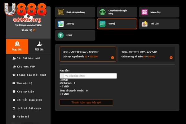 Nạp tiền U888 qua Viettel Pay cũng rất dễ dàng, an toàn