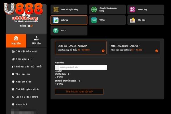 Zalo Pay hỗ trợ nạp tiền U888 nhanh chóng
